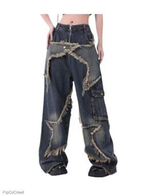 High Waisted Baggy Wide Leg Jeans Star Patchwork Distressed Y2K Pants
